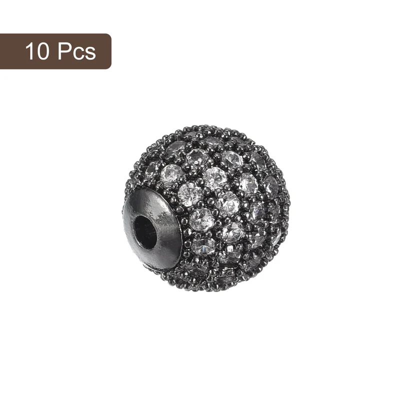 Charm Rhinestone Beads, 10Pcs 8mm Round Zircon Pave Beads (Metallic Black+White)