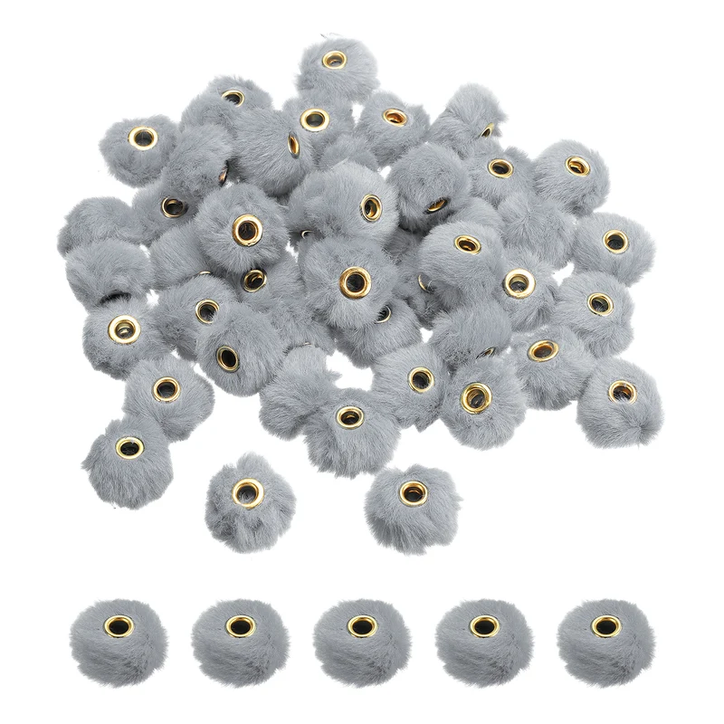 50Pcs Pom Pom Beads, Faux Fur Fuzzy Spacers Bead with 4mm Hole, Dark Gray