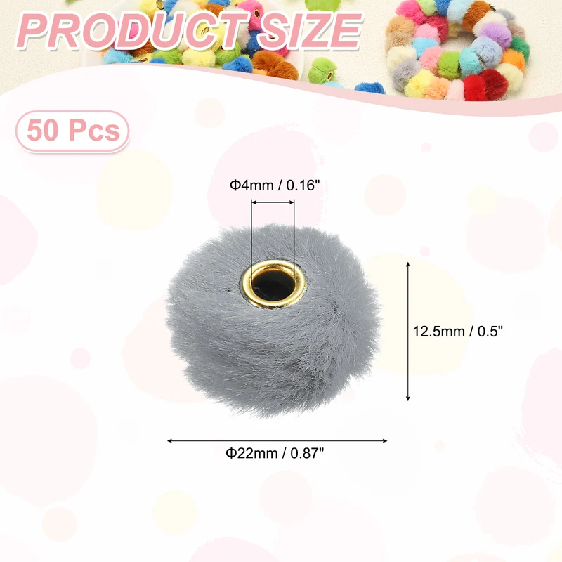 50Pcs Pom Pom Beads, Faux Fur Fuzzy Spacers Bead with 4mm Hole, Dark Gray