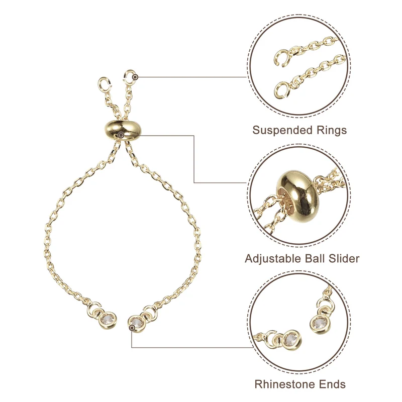 Adjustable Slider Bracelets, 10Pcs O Extender Chain Rhinestone Ends Light Gold