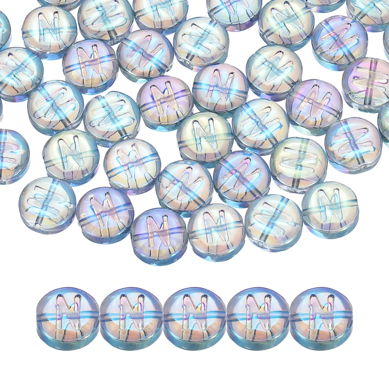 60Pcs Glass Letter Beads, 10mm N Initial Letter Spacer Beads, Blue Green