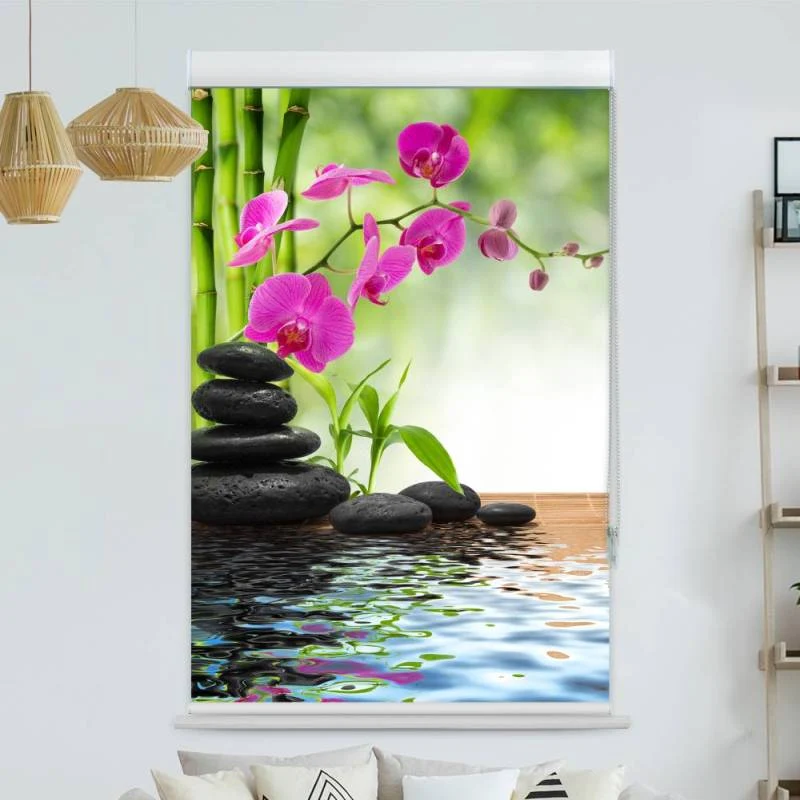 Kassettenrollo Motiv "Schwarze Steine Orchidee" | bis B 420 x H 420 cm
