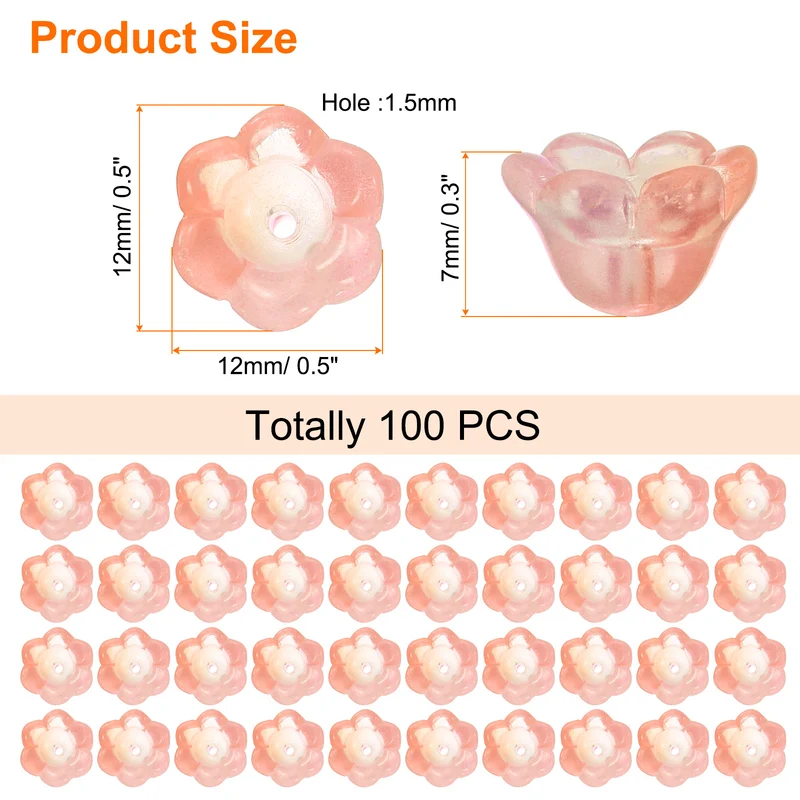 100 Pcs Glass Flower Beads for Jewelry Making, Loose Bead Charm, Orange