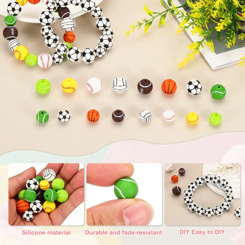 15 Pcs Silicone Sports Beads, 12mm Ball Shaped Beads, Tennis