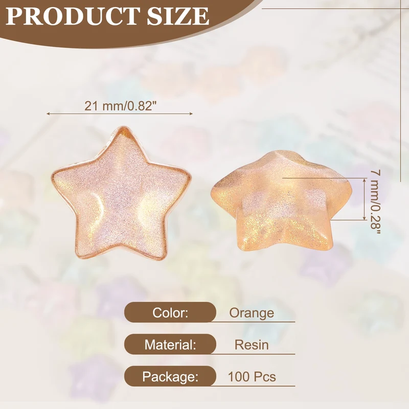 100 Pcs Flat Back Resin Star Beads, Glitter Star Charm, Orange