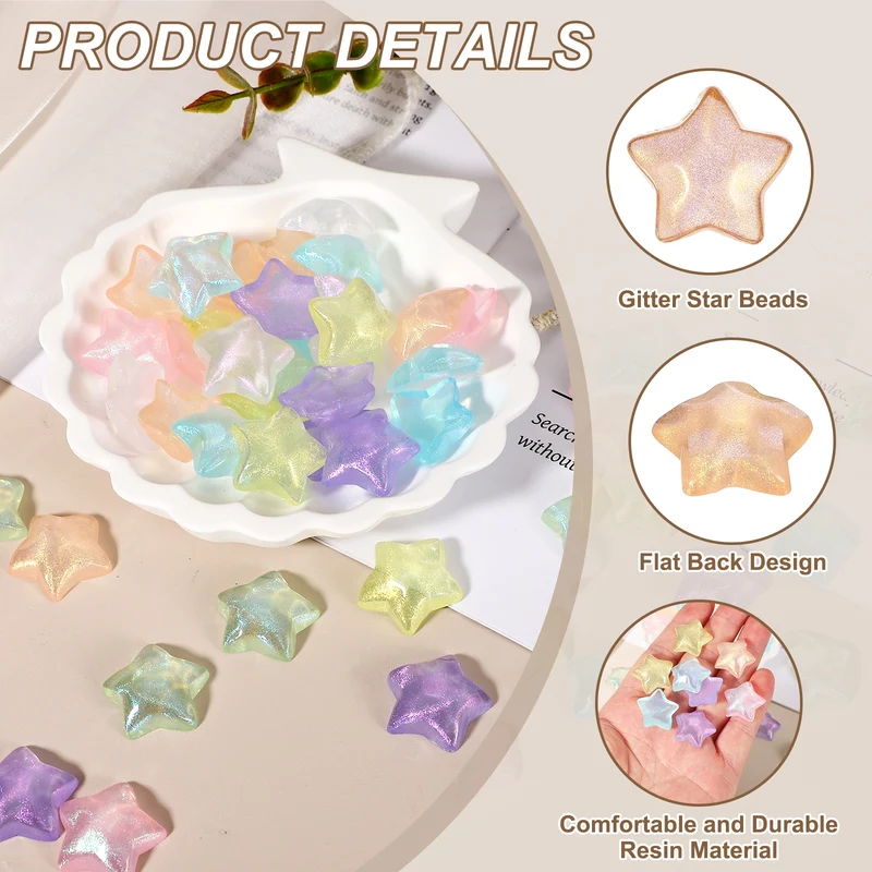 100 Pcs Flat Back Resin Star Beads, Glitter Star Charm, Orange
