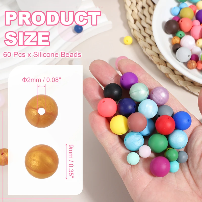 60 Pcs Silicone Beads, 9mm Bulk Beads for Keychain Making, Gold