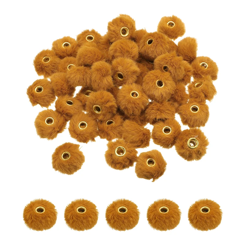 50Pcs Pom Pom Beads, Faux Fur Fuzzy Spacers Bead with 4mm Hole, Red Brown