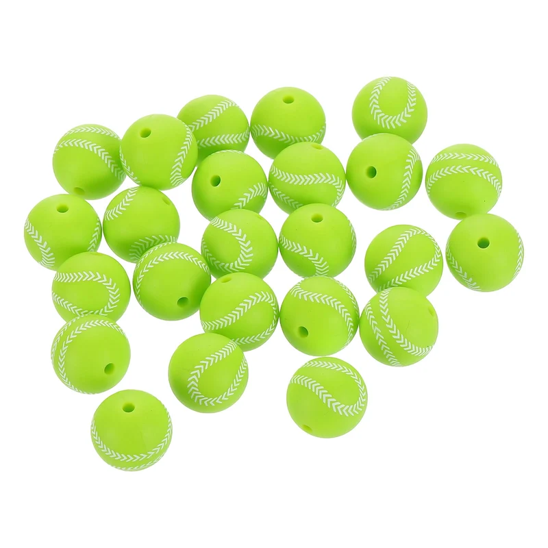 Sports Ball Beads, 24Pcs 15mm Silicone Round Spacer Focal Bead (Green Baseball)