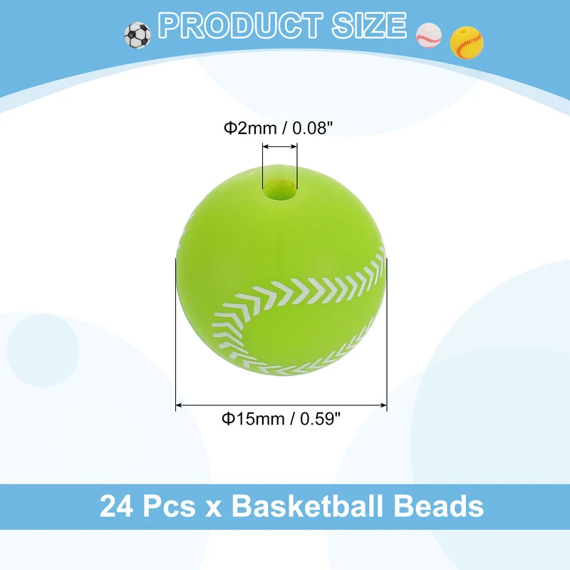 Sports Ball Beads, 24Pcs 15mm Silicone Round Spacer Focal Bead (Green Baseball)