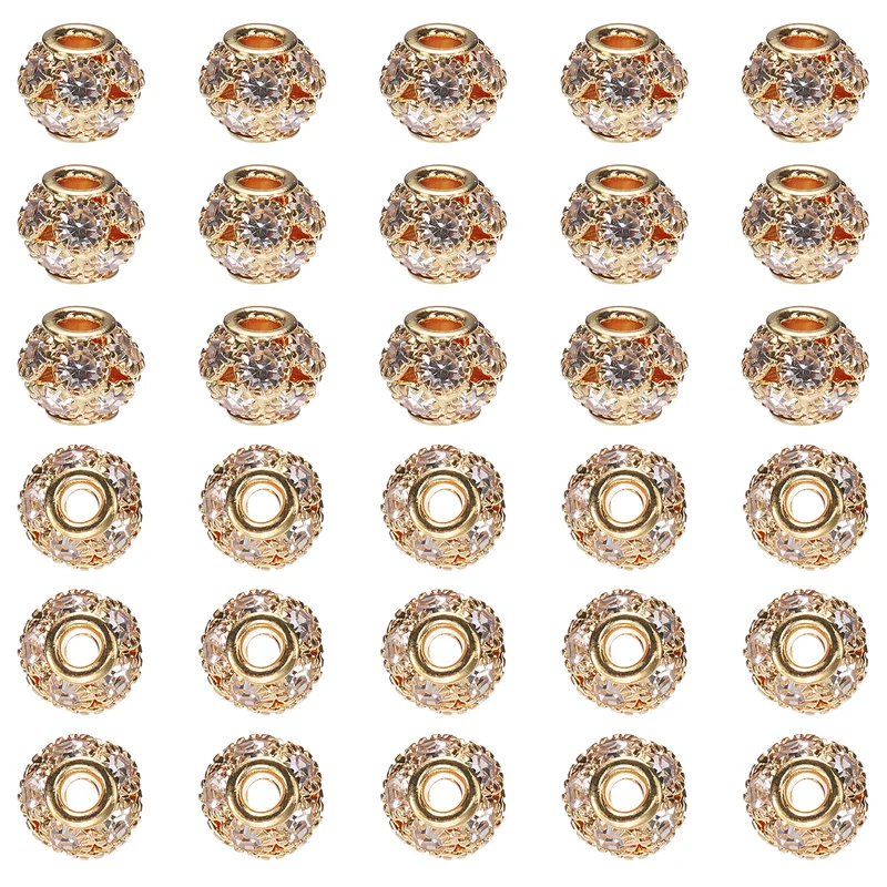 30Pcs Rhinestone Large Hole Beads, 8mm Crystal Charm Spacer Beads, Rose Gold