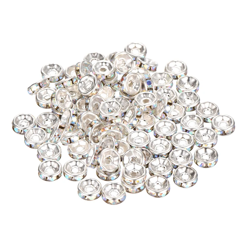 80Pcs 8mm Silver Plated Rhinestone Rondelle Spacer Beads, AB Color