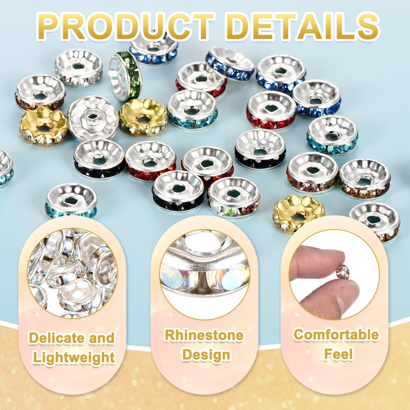 80Pcs 8mm Silver Plated Rhinestone Rondelle Spacer Beads, AB Color