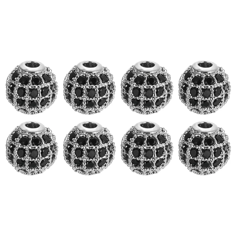 8Pcs Charm Rhinestone Beads 8mm Round Zircon Pave Beads Black White Gold
