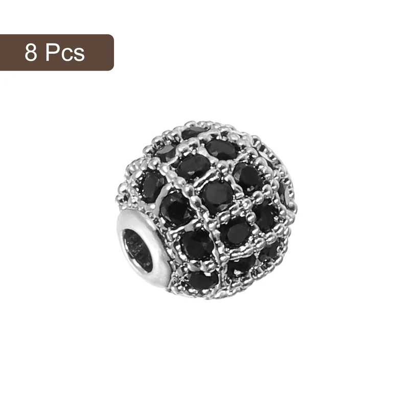 8Pcs Charm Rhinestone Beads 8mm Round Zircon Pave Beads Black White Gold