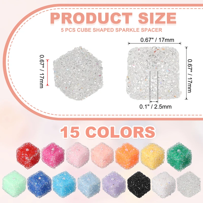 5 Pcs Square Rhinestone Beads for Pens, 17mm Sugar Beads for DIY, Crystal Clear