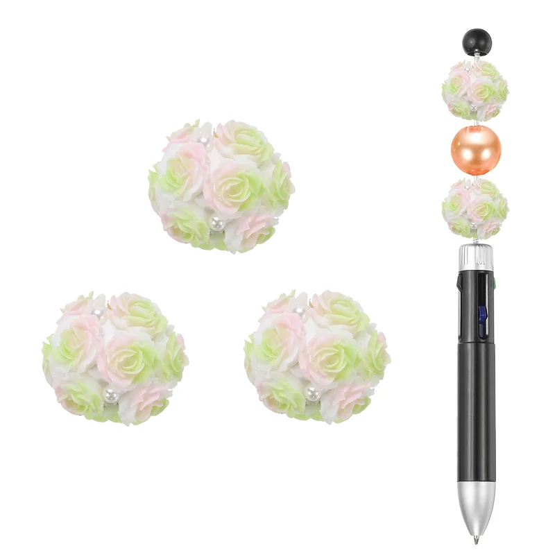 5 Pcs Rhinestone Focal Beads for Pens, 0.8" Glass Flower Beads, Pink/Green