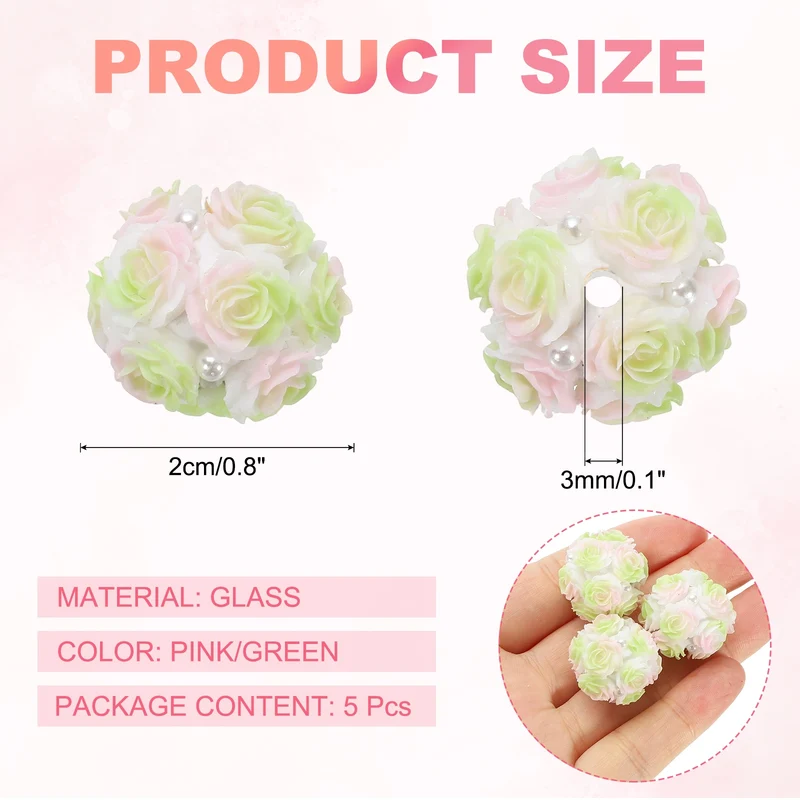 5 Pcs Rhinestone Focal Beads for Pens, 0.8" Glass Flower Beads, Pink/Green