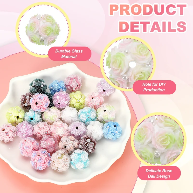 5 Pcs Rhinestone Focal Beads for Pens, 0.8" Glass Flower Beads, Pink/Green