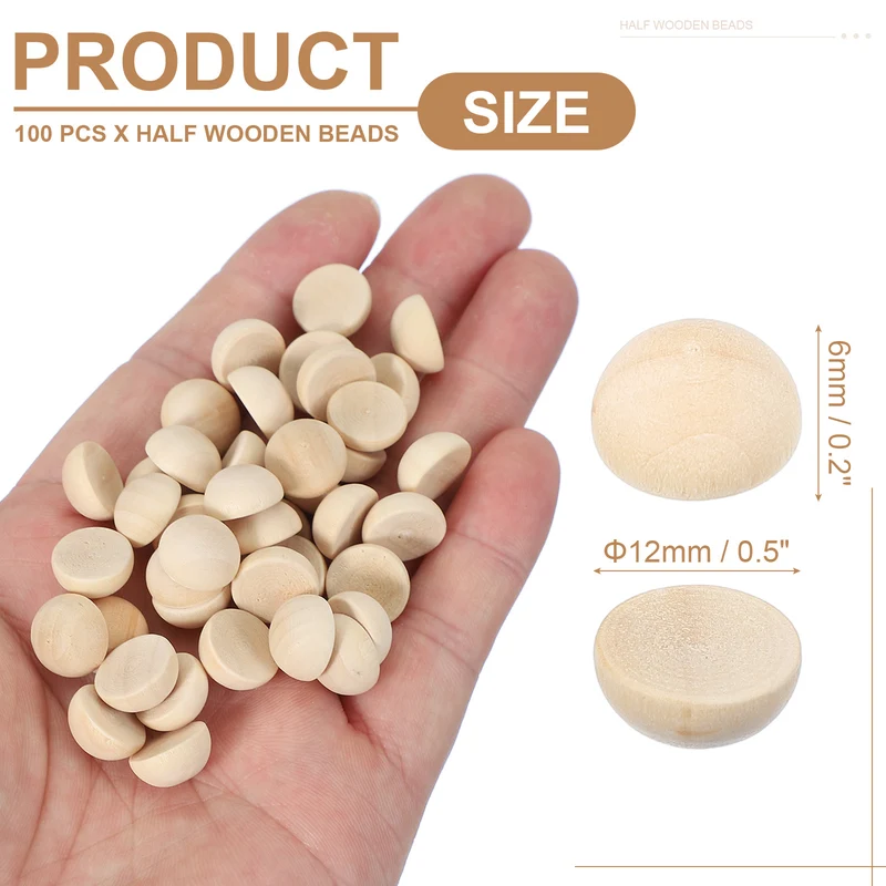 100Pcs Half Wooden Beads 0.5 Inch(12mm) Unfinished Wood Balls Wood Color