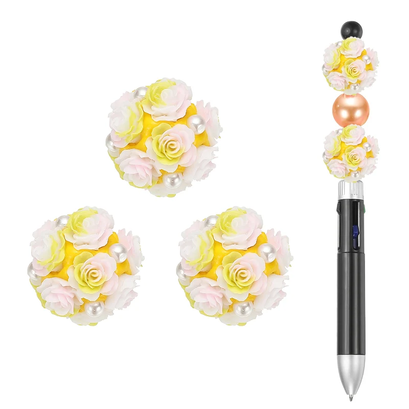 5 Pcs Rhinestone Focal Beads for Pens, 0.8" Glass Flower Beads, Yellow/Pink