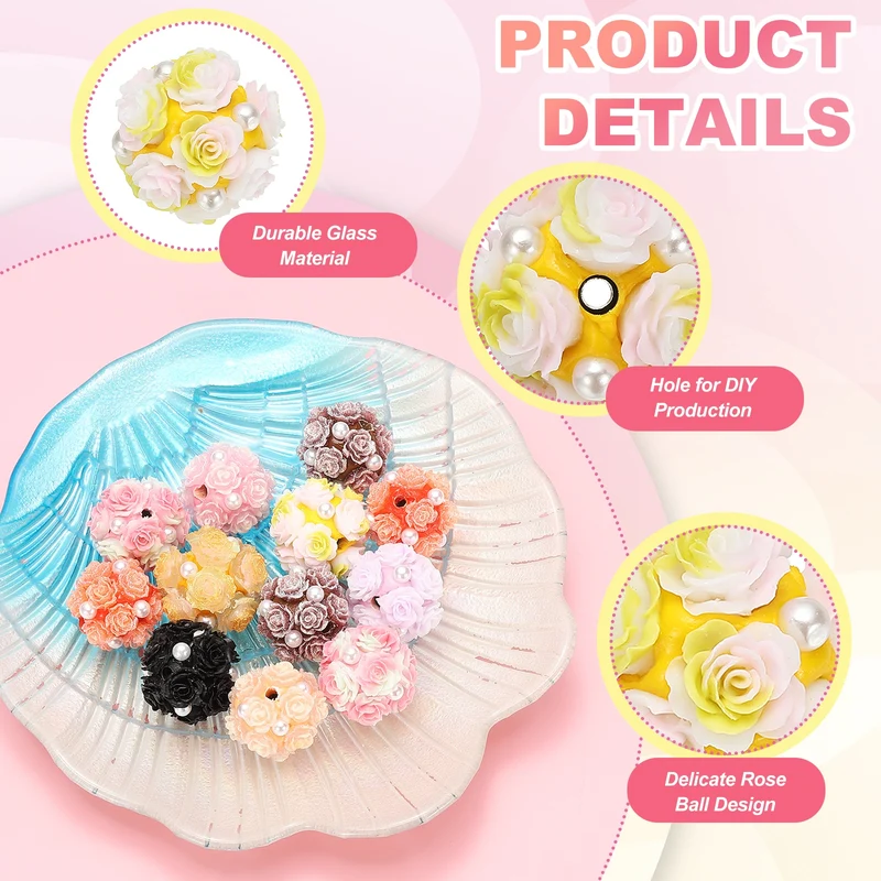 5 Pcs Rhinestone Focal Beads for Pens, 0.8" Glass Flower Beads, Yellow/Pink