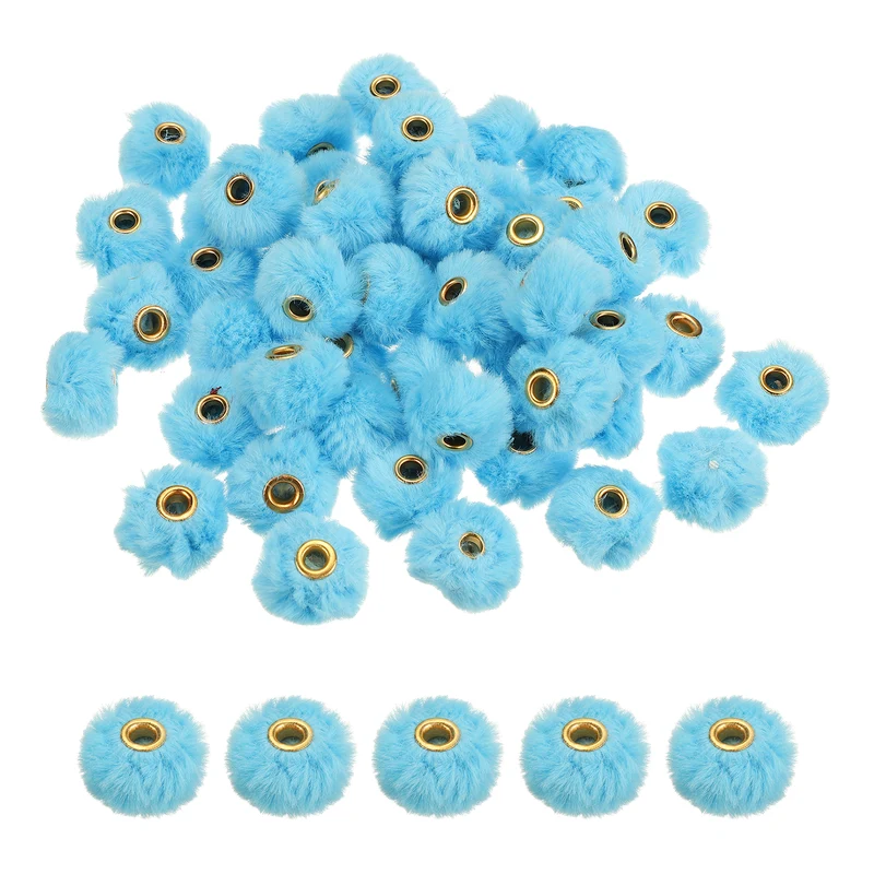 50Pcs Pom Pom Beads, Faux Fur Fuzzy Spacers Bead with 4mm Hole, Sky Blue