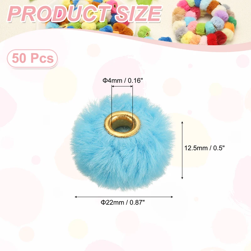 50Pcs Pom Pom Beads, Faux Fur Fuzzy Spacers Bead with 4mm Hole, Sky Blue