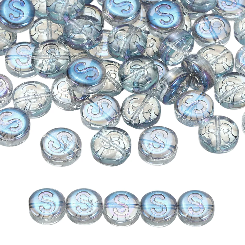 60Pcs Glass Letter Beads, 10mm S Initial Letter Spacer Beads, Blue