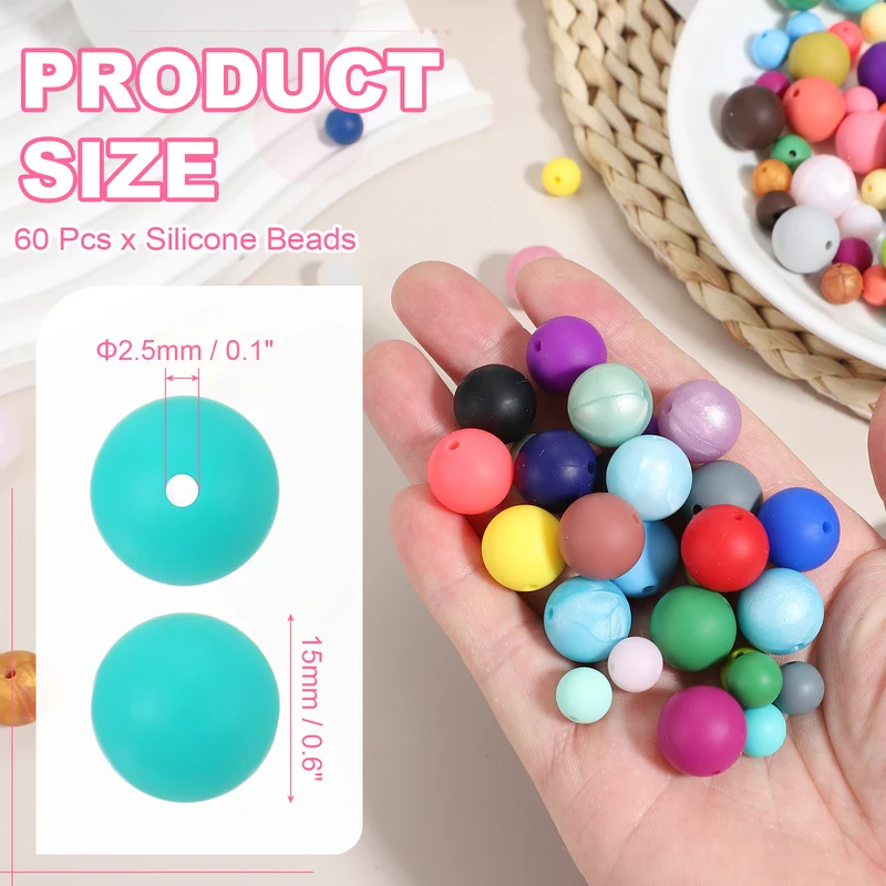 60 Pcs Silicone Beads, 15mm Bulk Beads for Keychain Making, Bright Blue