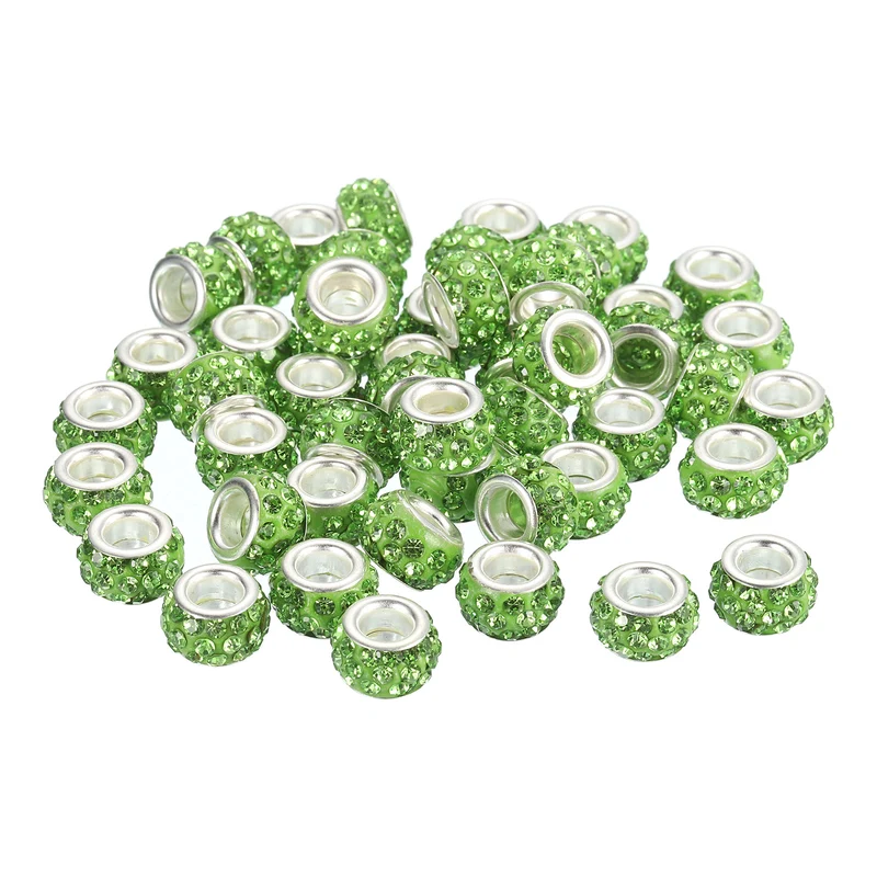 50Pcs European Large Hole Beads, Rhinestone Craft Beads, Light Green