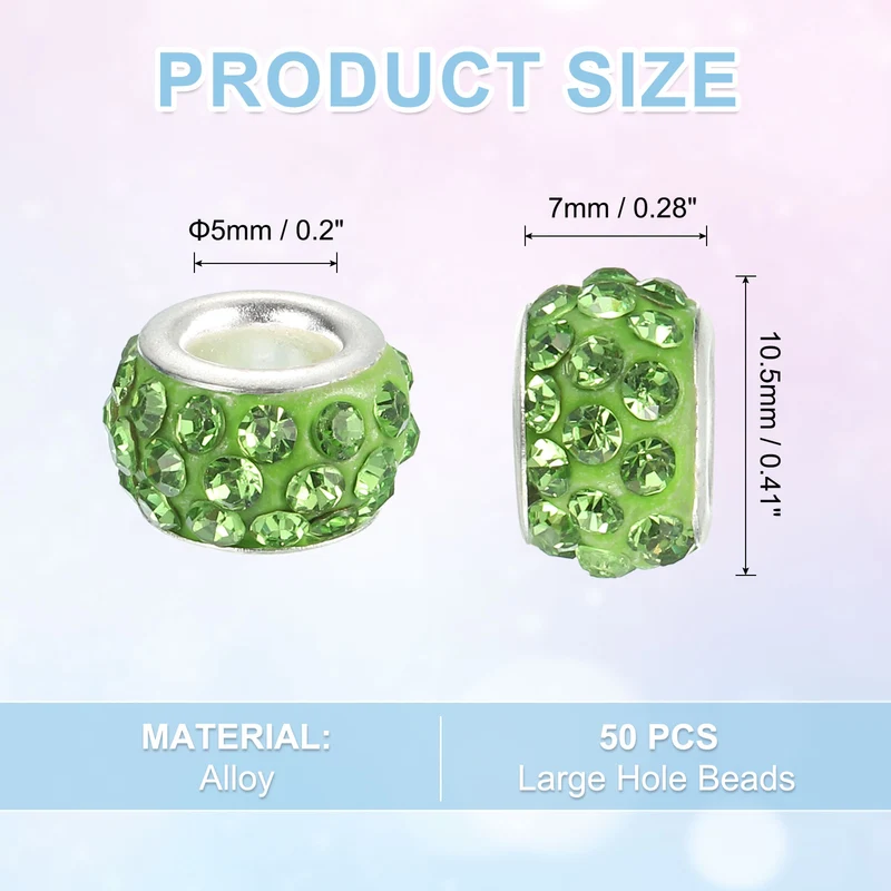 50Pcs European Large Hole Beads, Rhinestone Craft Beads, Light Green