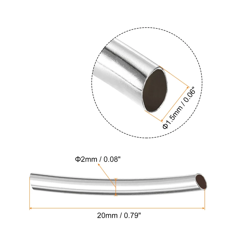 220Pcs 2x20mm Brass Curved Tube Beads, 1.5mm ID Smooth Noodles Spacer Bead for Jewelry Craft Making, Silver Tone