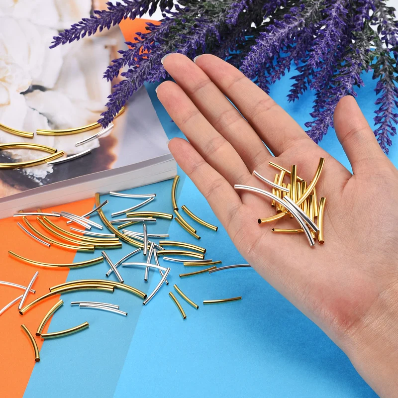 220Pcs 2x20mm Brass Curved Tube Beads, 1.5mm ID Smooth Noodles Spacer Bead for Jewelry Craft Making, Silver Tone