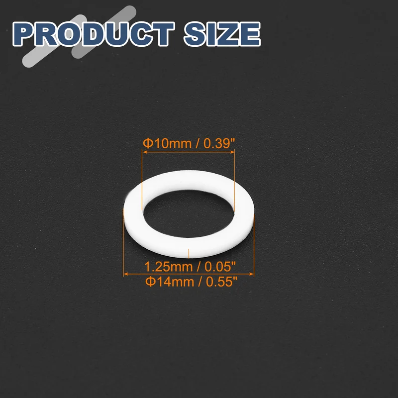 M10 PTFE Flat Washer, 60 Pcs 10x14x1.25mm O-Ring Sealing Gasket, White