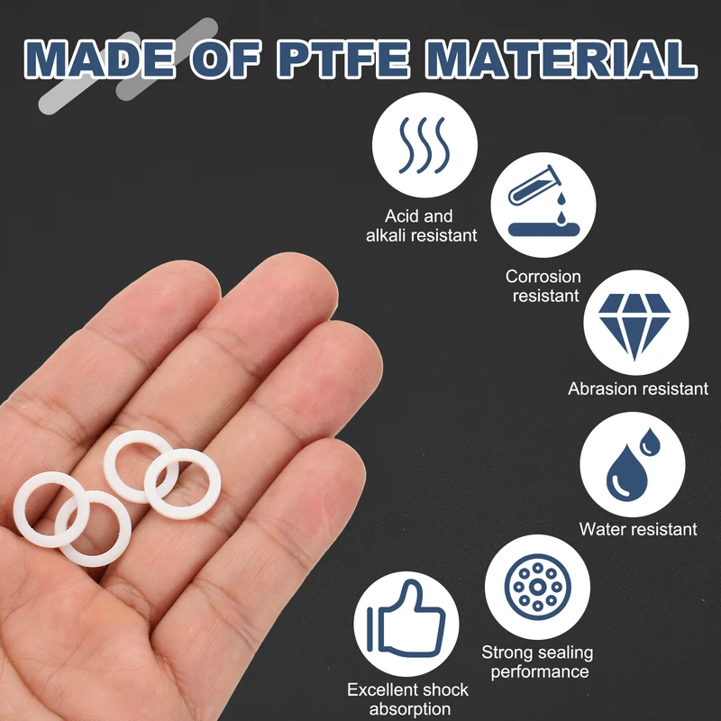 M10 PTFE Flat Washer, 60 Pcs 10x14x1.25mm O-Ring Sealing Gasket, White