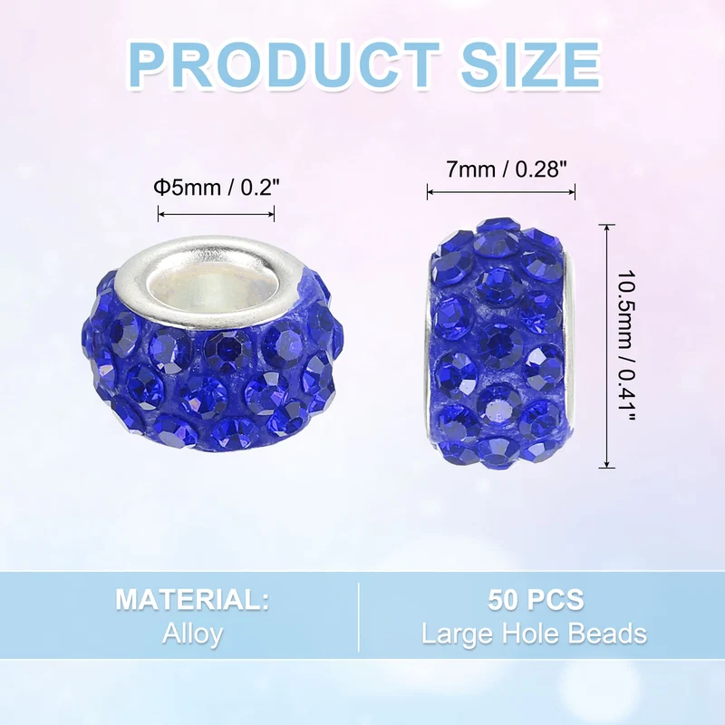 50Pcs European Large Hole Beads Rhinestone Craft Beads Drak Blue