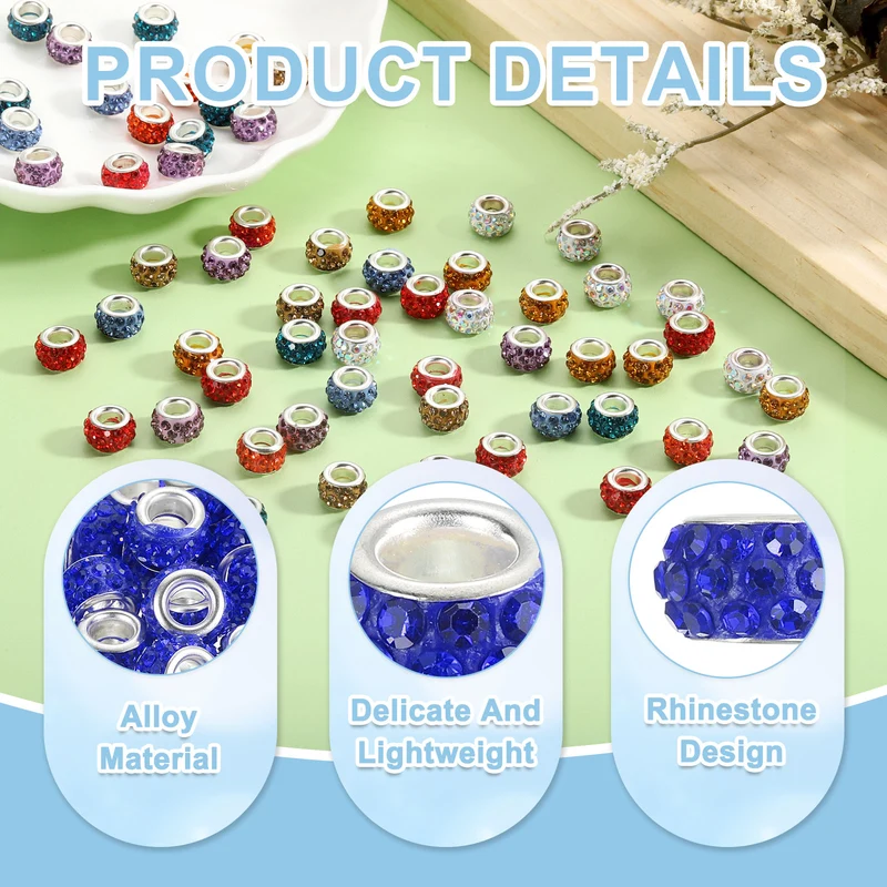 50Pcs European Large Hole Beads Rhinestone Craft Beads Drak Blue