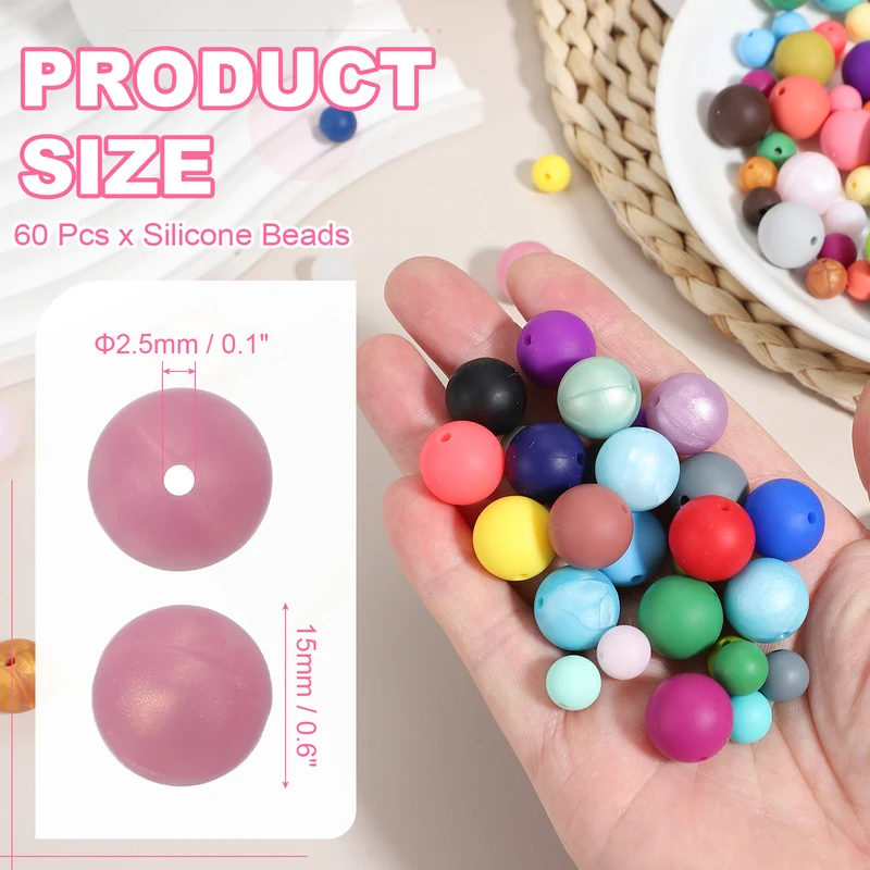 60 Pcs Silicone Beads, 15mm Bulk Beads for Keychain Making, Rose Red