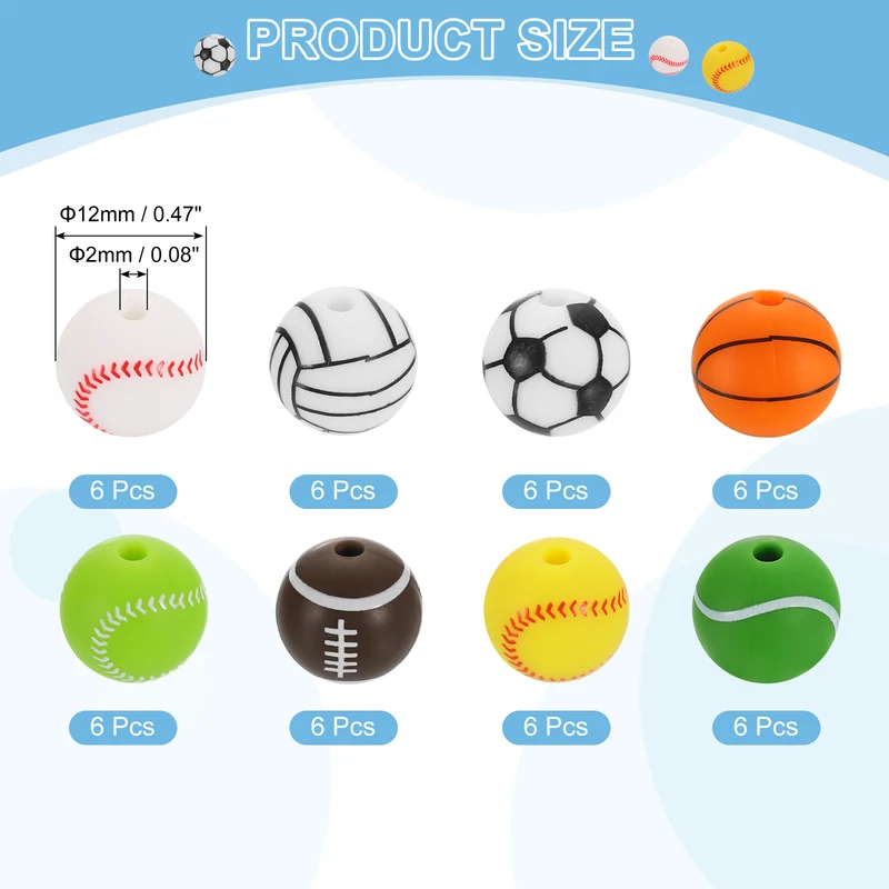 Sports Ball Beads, 48Pcs 12mm Silicone Round Spacer Focal Beads (8 Styles)