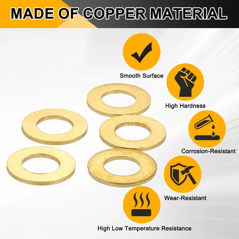 Flat Washers, (M10x20x2mm, Golden) (5 Pcs), Brass Sealing Gasket Rings