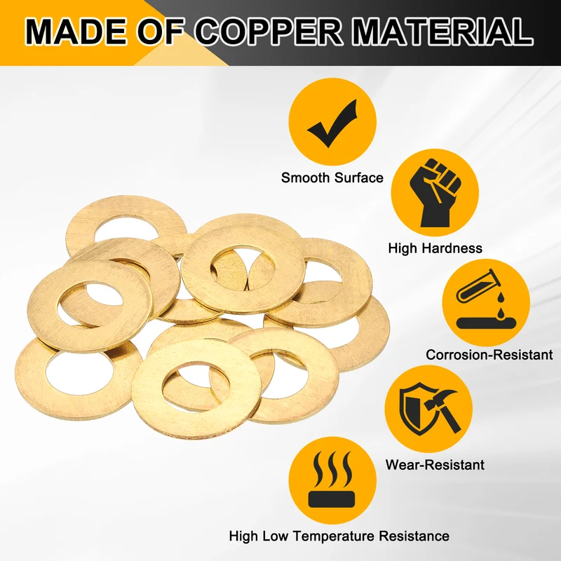 Flat Washers, (M14x28x1.5mm, Golden) (16 Pcs), Brass Sealing Gasket Rings