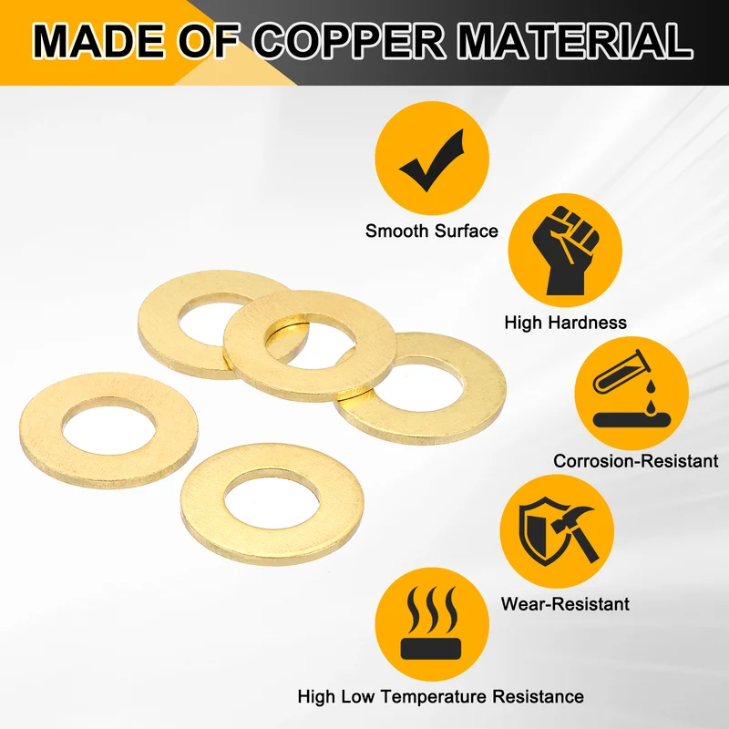 Flat Washers, (M12x24x2mm, Golden) (5 Pcs), Brass Sealing Gasket Rings