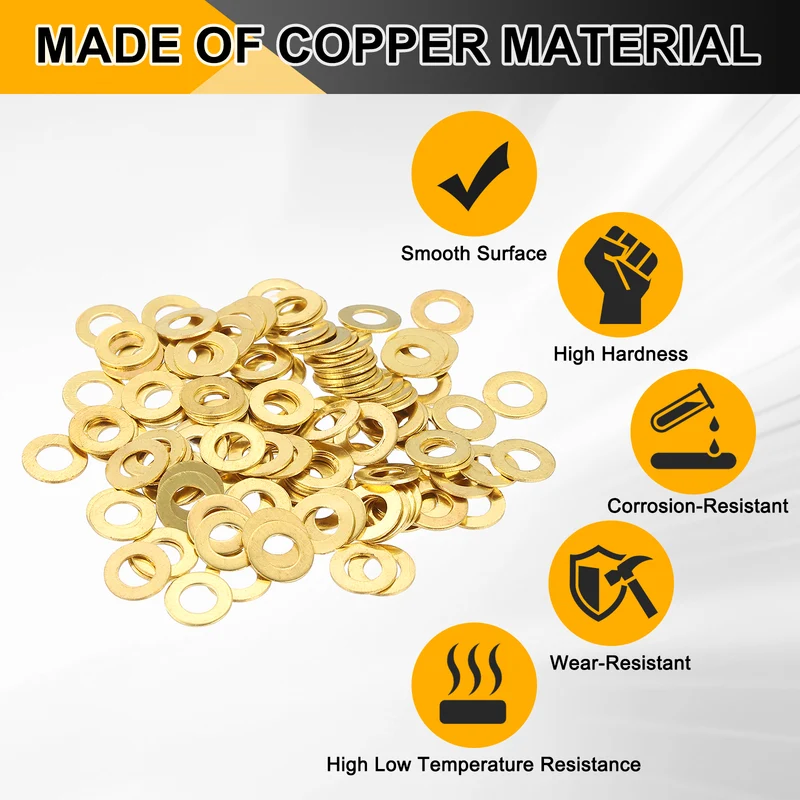 Flat Washers, (M4x8x0.5mm, Golden) (125 Pcs), Brass Sealing Gasket Rings