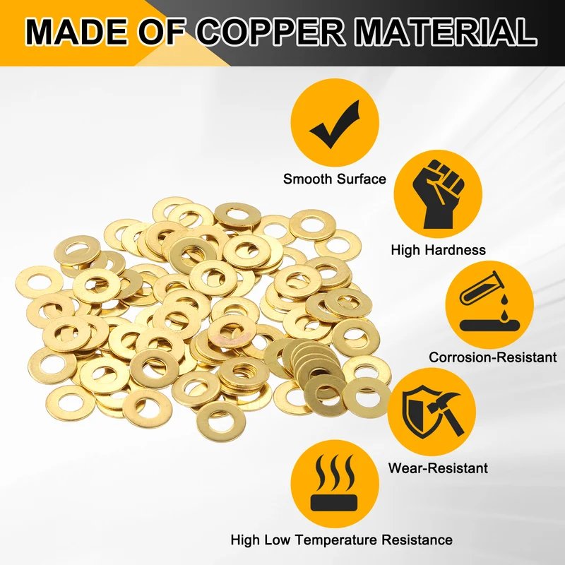 Flat Washers, (M3x7x0.5mm, Golden) (125 Pcs), Brass Sealing Gasket Rings