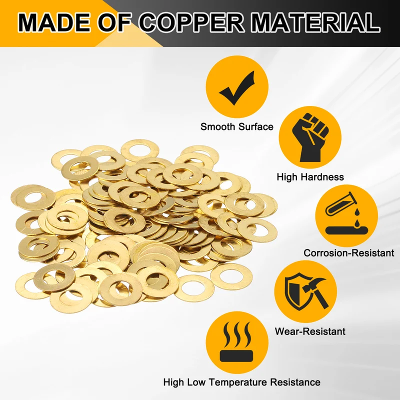 Flat Washers, (M6x12x0.5mm, Golden) (125 Pcs), Brass Sealing Gasket Rings