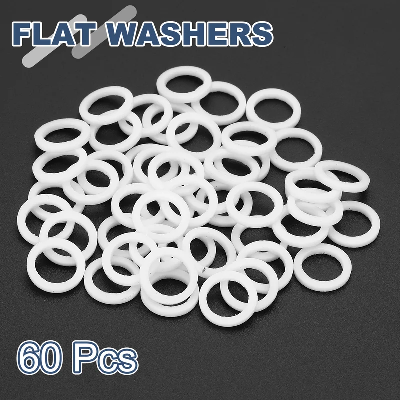 M7 PTFE Flat Washer, 60 Pcs 7x10x1.25mm O-Ring Sealing Gasket, White