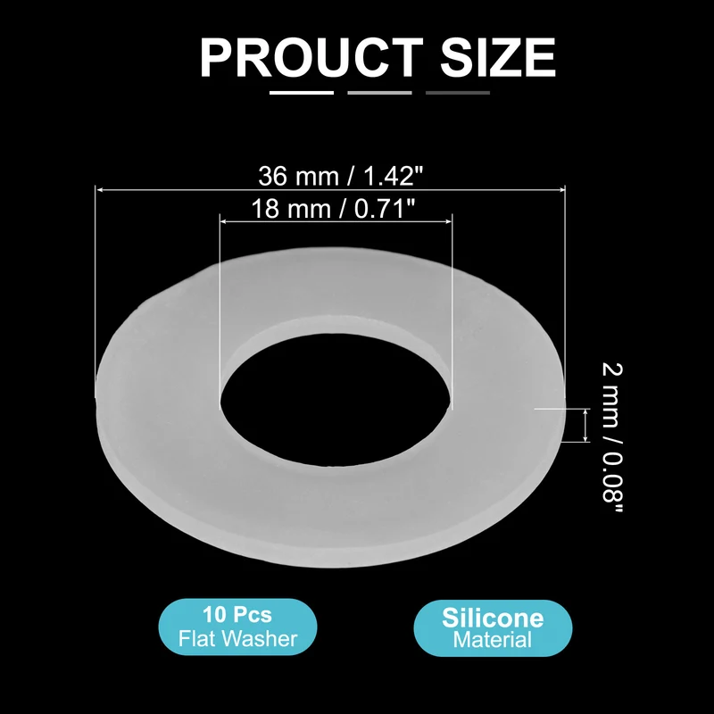 10Pcs M18 Silicone Flat Washer 18mm ID 36mm OD 2mm Thick O Sealing Ring