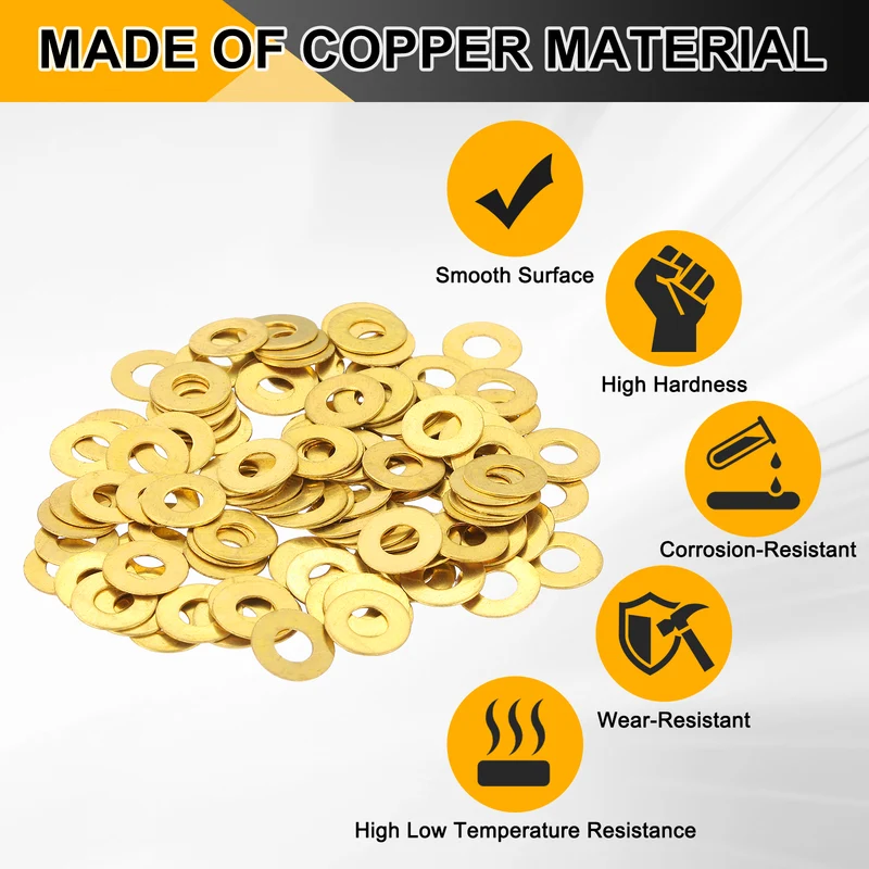 Flat Washers, (M4x10x0.5mm, Golden) (125 Pcs), Brass Sealing Gasket Rings