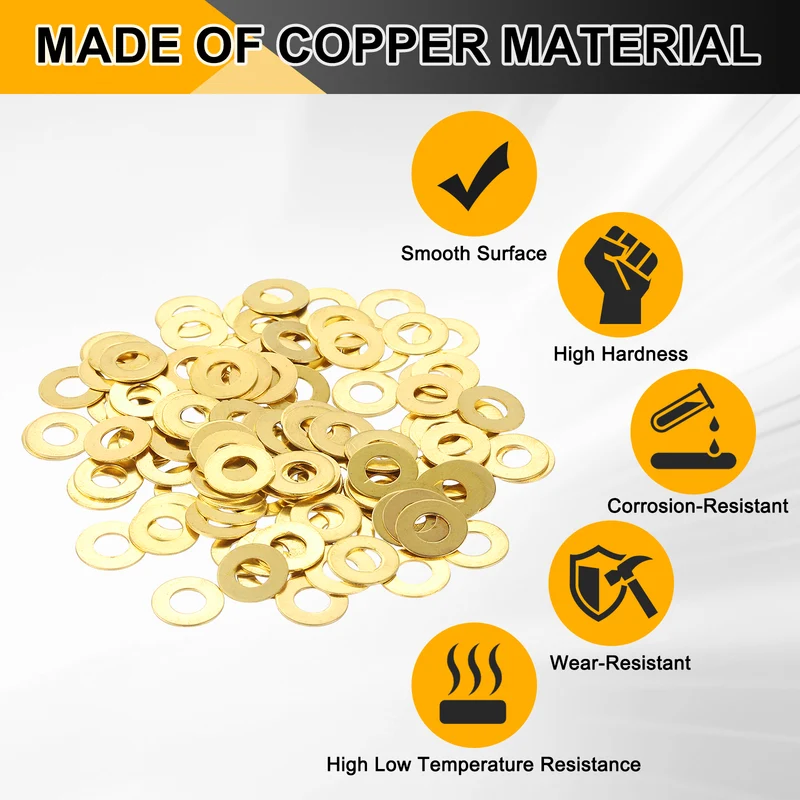 Flat Washers, (M5x10x0.5mm, Golden) (125 Pcs), Brass Sealing Gasket Rings